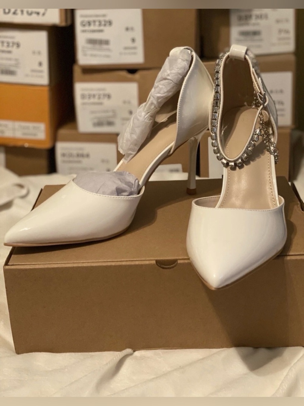 Women’s Bone/Ivory Pointed Toe Ankle Strap Heels with Rhinestones 
Size 8.5 NIB